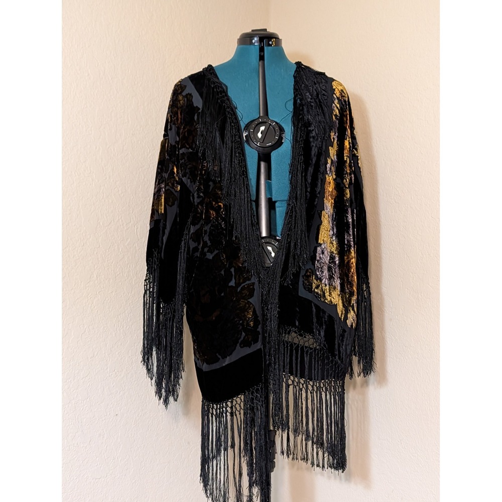MINA Collection Black Gold Burnout Velvet Floral Fringe Kimono Wrap OS